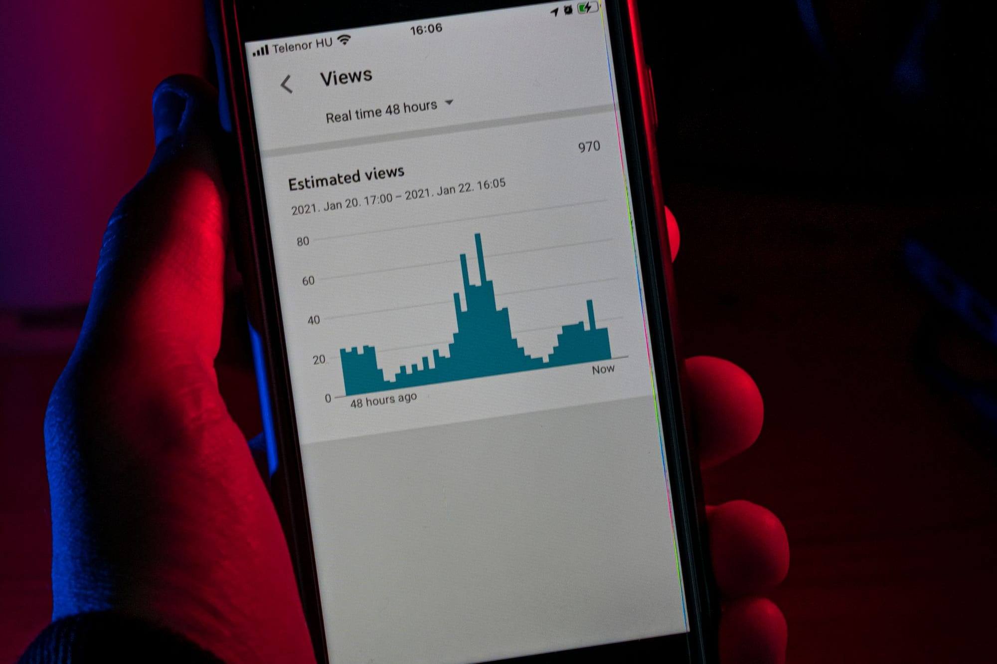 Mano que sostiene un móvil con un gráfico de visualizaciones de las últimas 48 horas, iluminada con luz roja